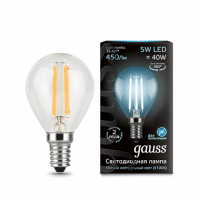 Лампа светодиодная LED GAUSS FILAMENT GLOBE 5Вт 450lm Е14 белый шар